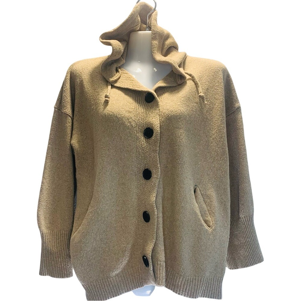 Woman size XL Lagenlook‎ Cozy Tan Fisherman Button-Up Cabincore Hooded Cardigan